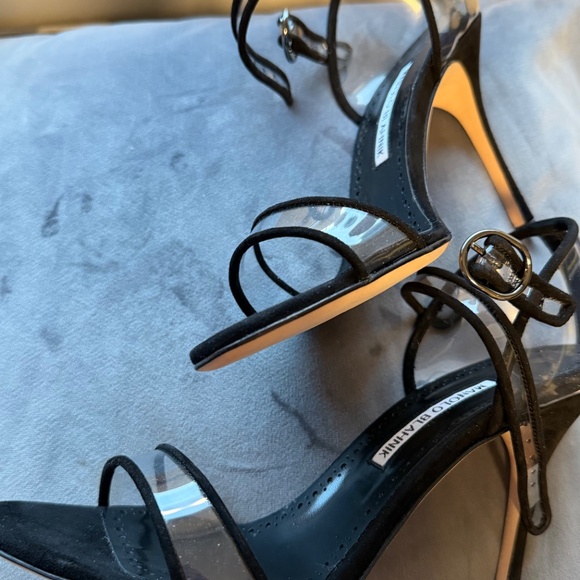 Manolo Blahnik Fersen 105 Suede & Vinyl Sandal, Black Size 38 - Picture 8 of 10